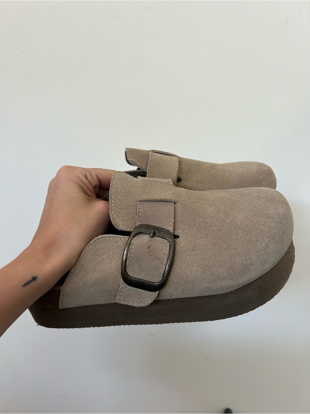Suede Buckle Clog in Taupe
